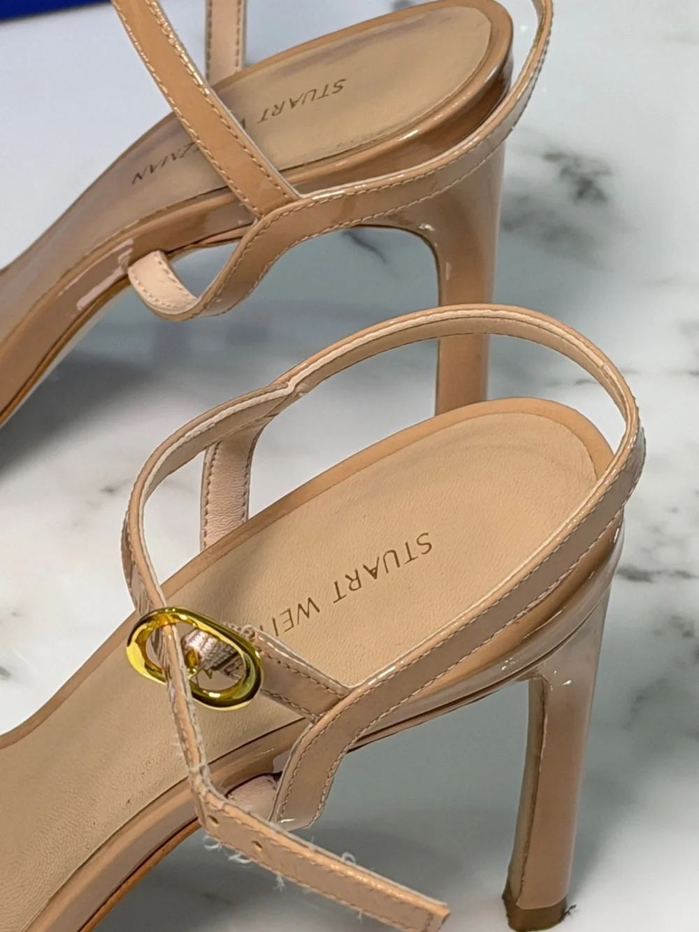 Stuart Weitzman Mykonos Braid Patent Nude Heels Size 7